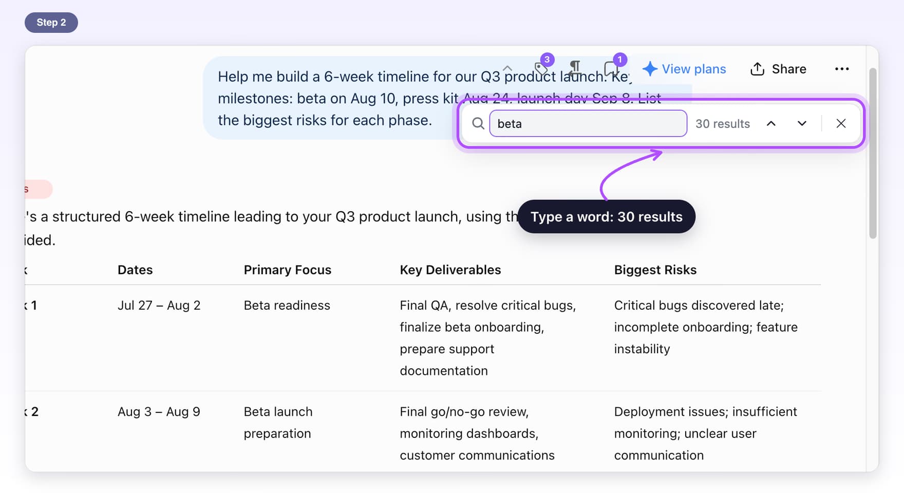 The find bar at the top right of the chat with a word typed and 30 results showing, highlighted