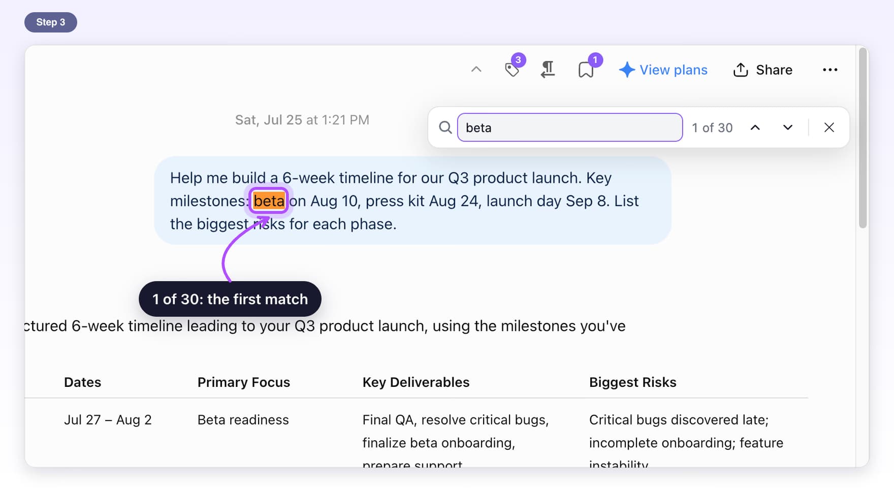 After pressing Enter the bar says 1 of 30 and the first match in the chat is highlighted in orange