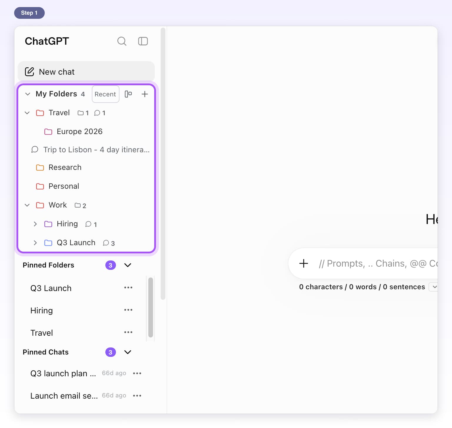My Folders near the top of ChatGPT's left sidebar, highlighted, with folders and subfolders