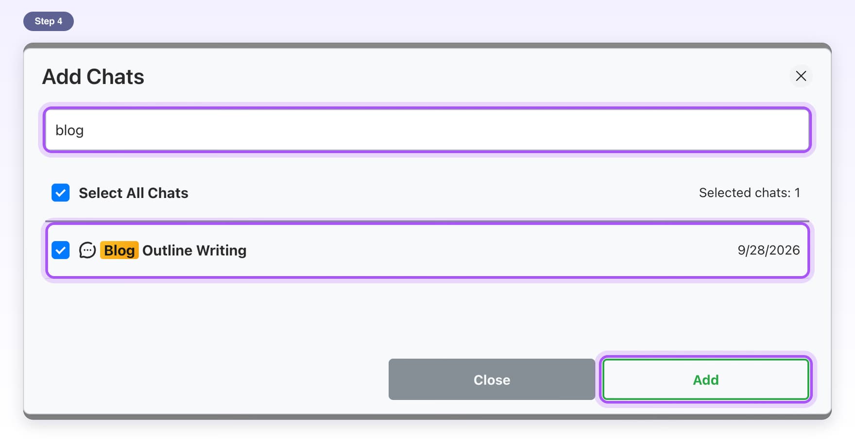 The Add Chats window with blog typed, one chat ticked and the Add button highlighted
