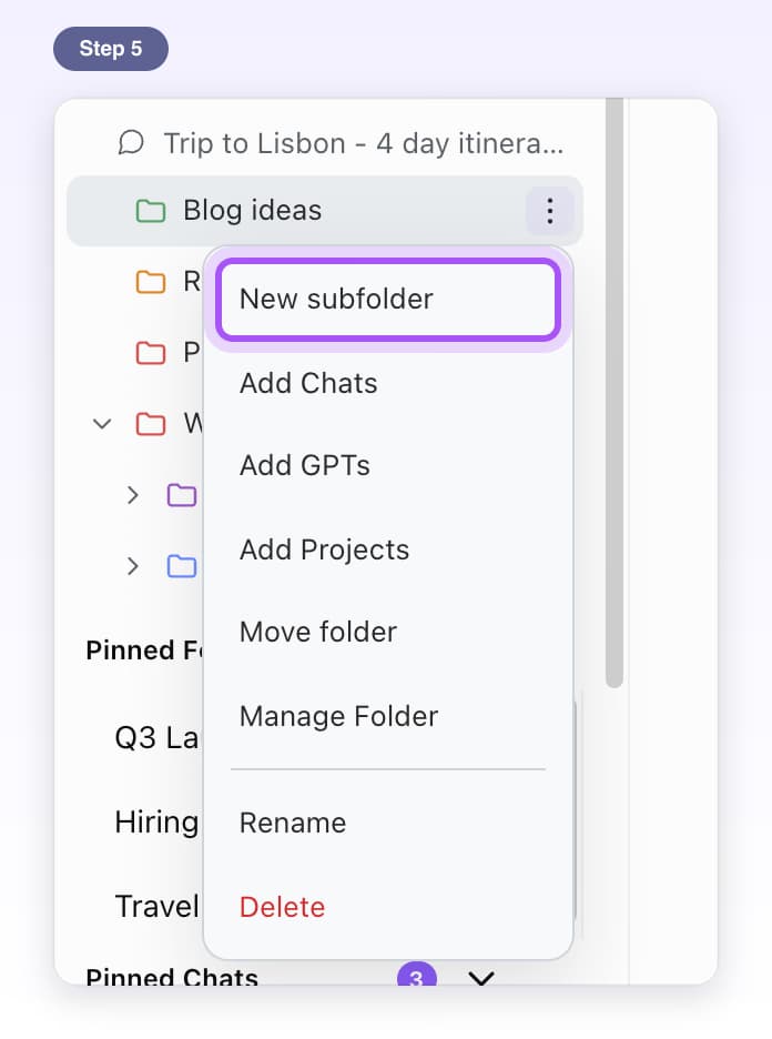 The folder's menu with New subfolder highlighted