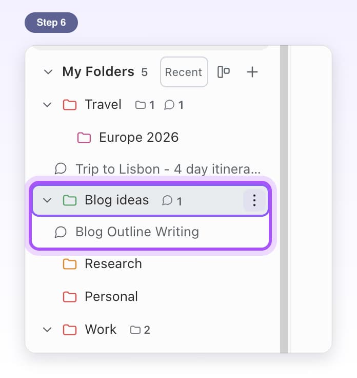 The Blog ideas folder opened in My Folders, showing the chat inside