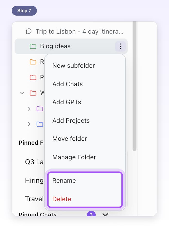 The folder's menu with Rename and Delete highlighted