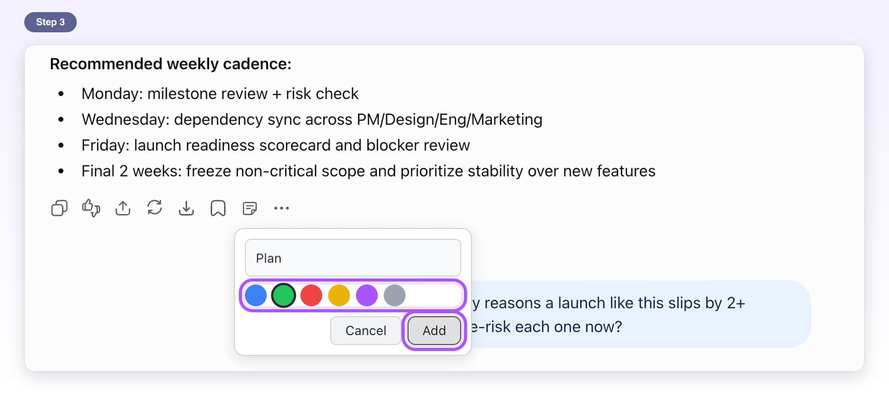 The colored dots with green picked and the Add button highlighted in the label box