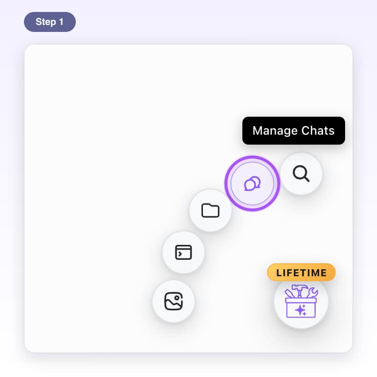 Quick buttons fanned out from the round AI Toolbox button, with Manage Chats highlighted