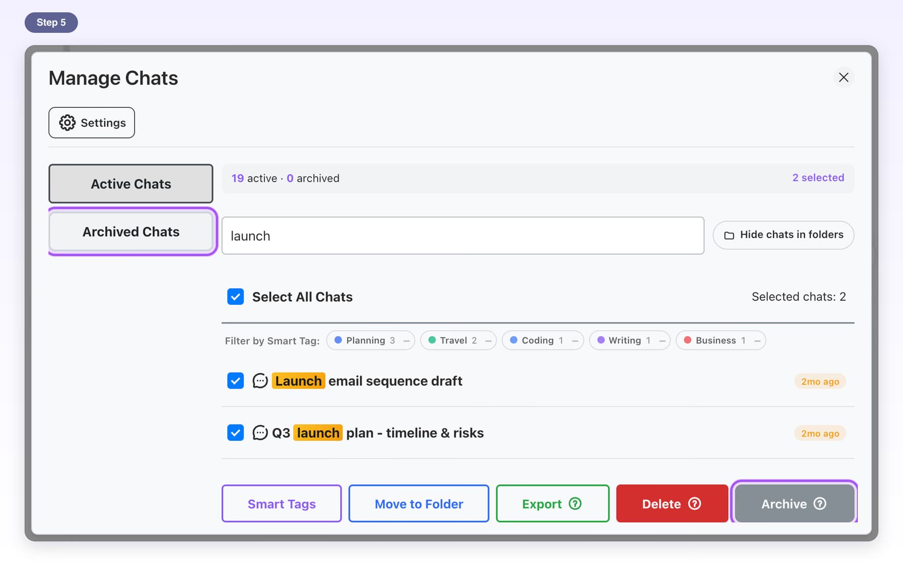 The Archive button and the Archived Chats tab highlighted