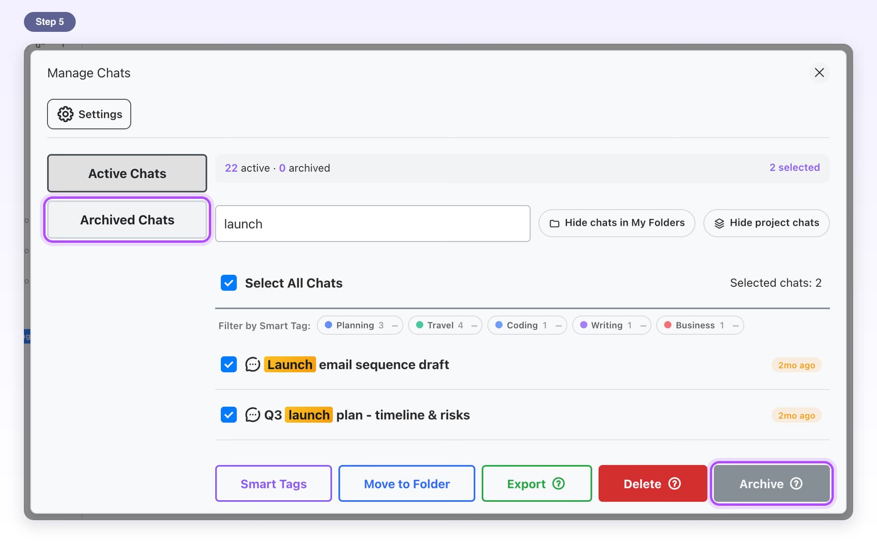 The Archive button and the Archived Chats tab highlighted
