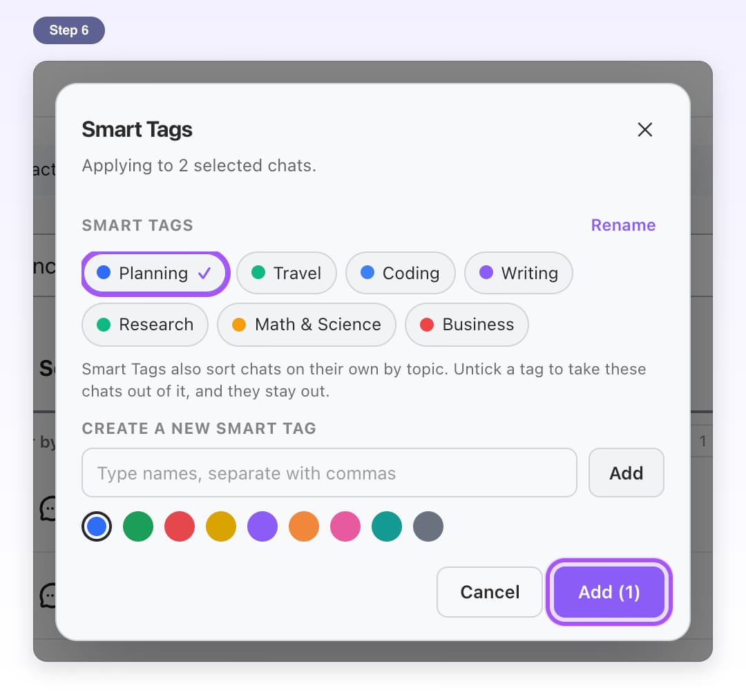 The Smart Tags window for 2 selected chats with Planning ticked and the Add (1) button highlighted