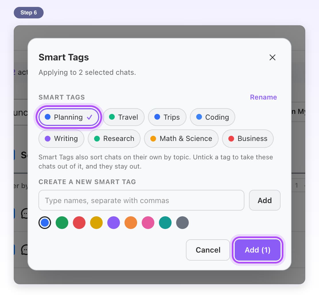 The Smart Tags window for 2 selected chats with Planning ticked and the Add (1) button highlighted