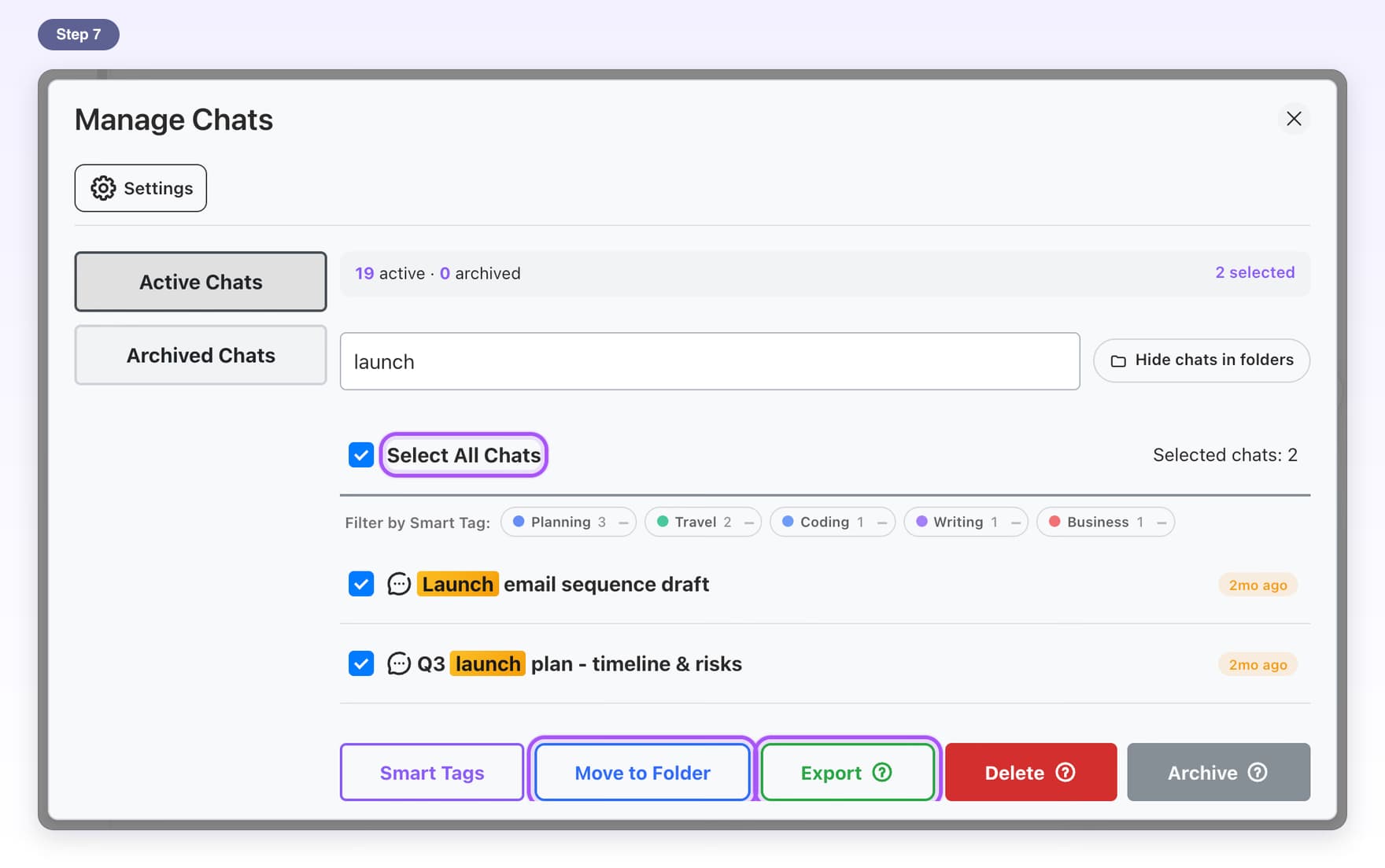 Select All Chats and the Move to Folder and Export buttons highlighted