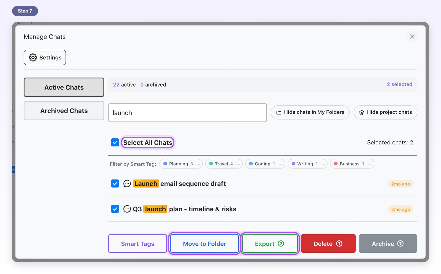 Select All Chats and the Move to Folder and Export buttons highlighted