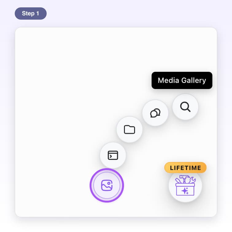 Quick buttons fanned out from the round AI Toolbox button, with Media Gallery highlighted