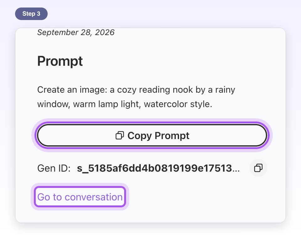 Copy Prompt and Go to conversation highlighted under the image's prompt