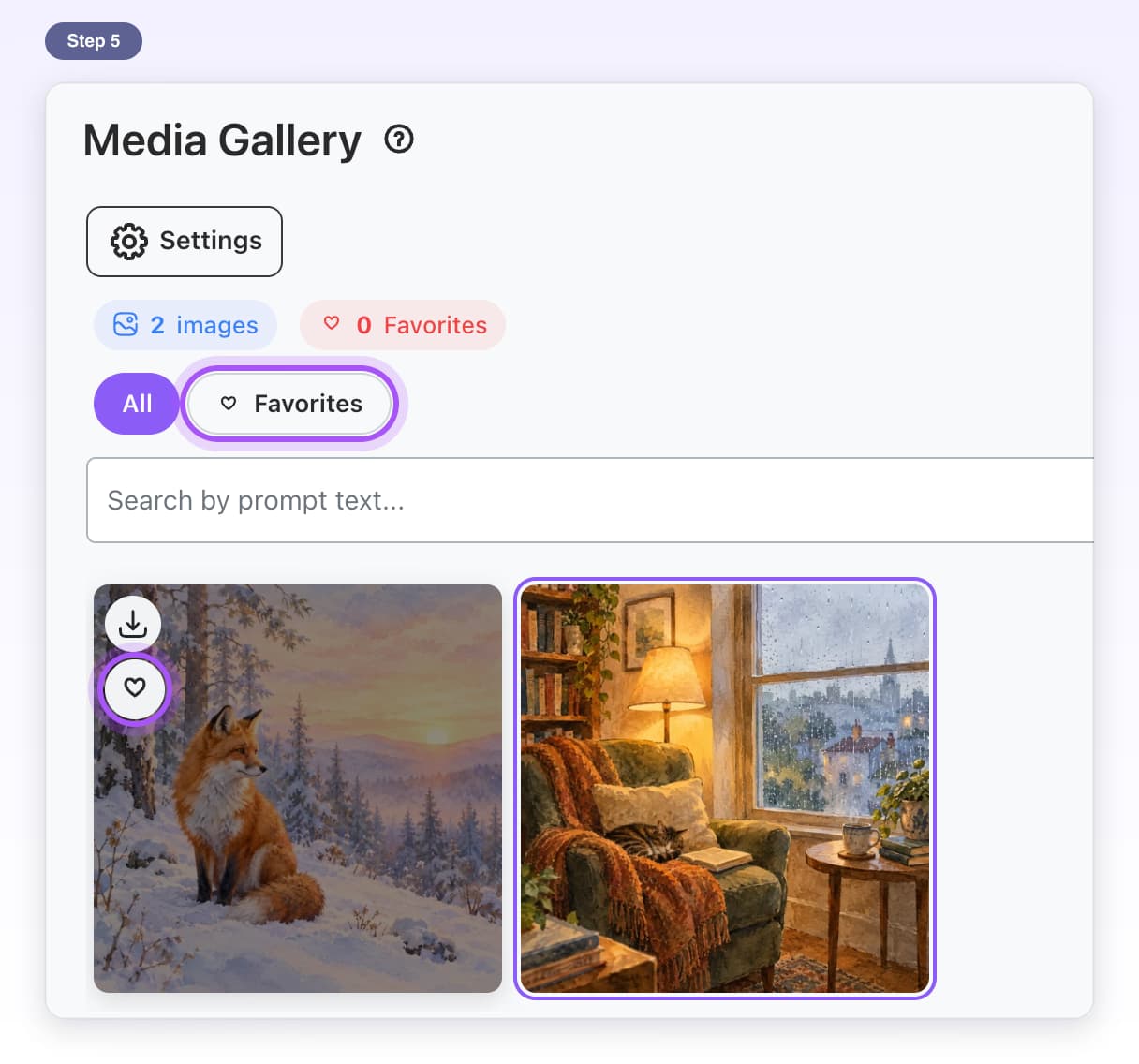 The Favorite heart on an image and the Favorites filter above the grid, highlighted