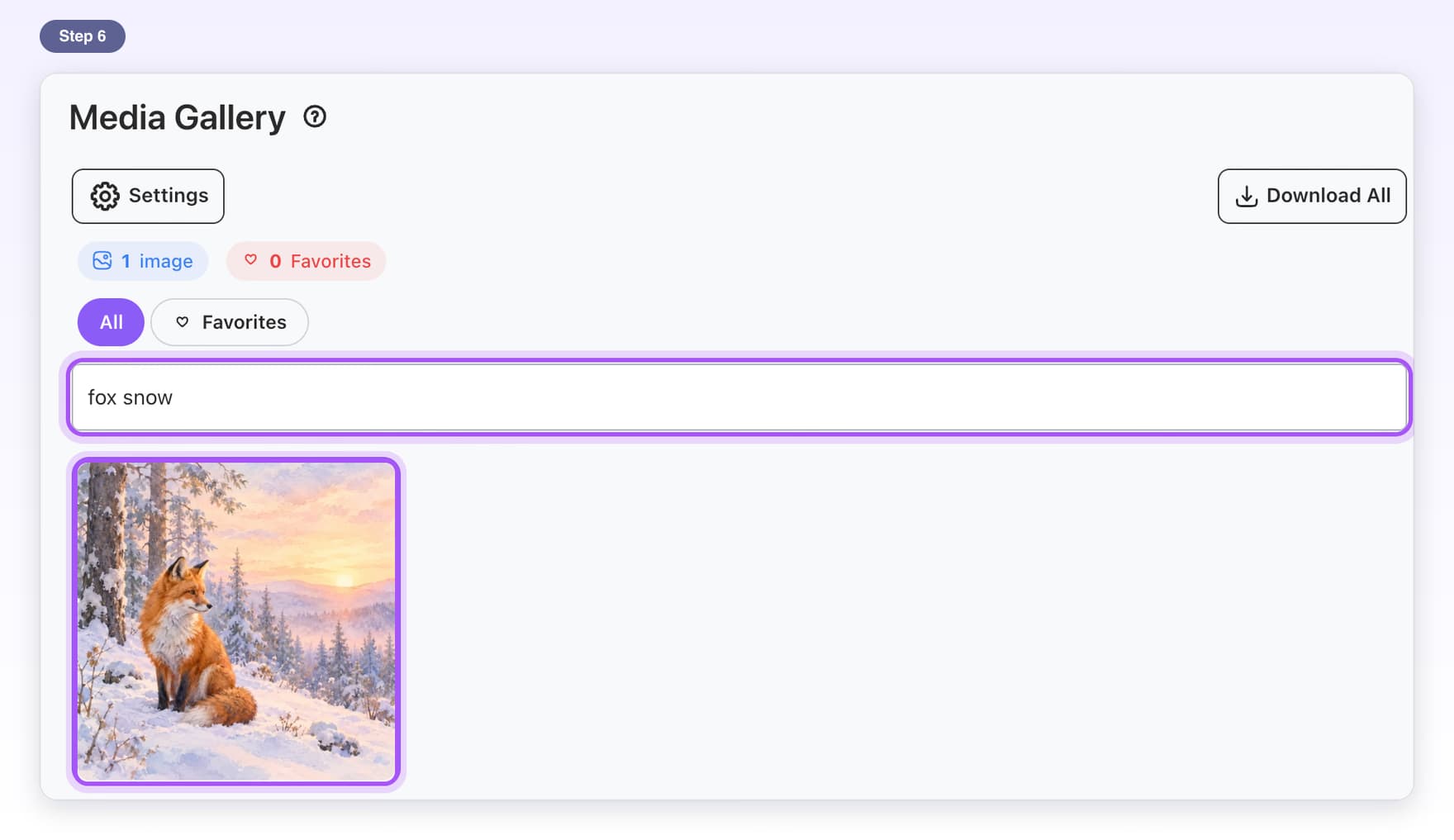 fox snow typed in Search by prompt text, highlighted, and the one matching image shown