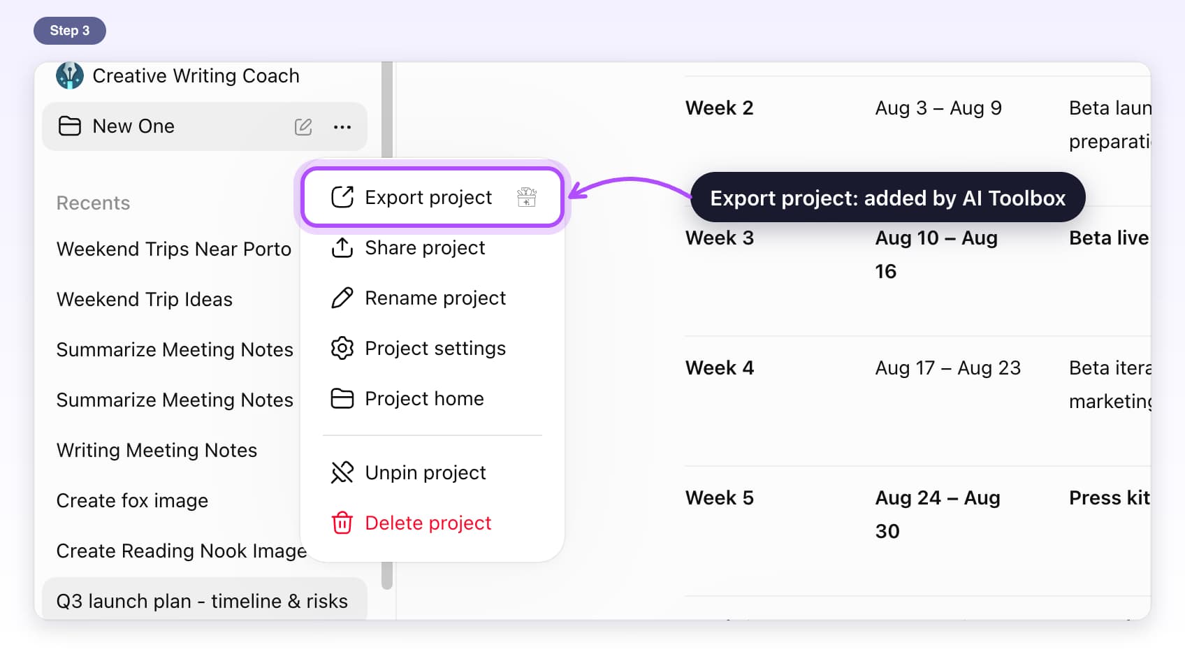 A ChatGPT project's menu with Export project highlighted, the AI Toolbox mark at the end of its row