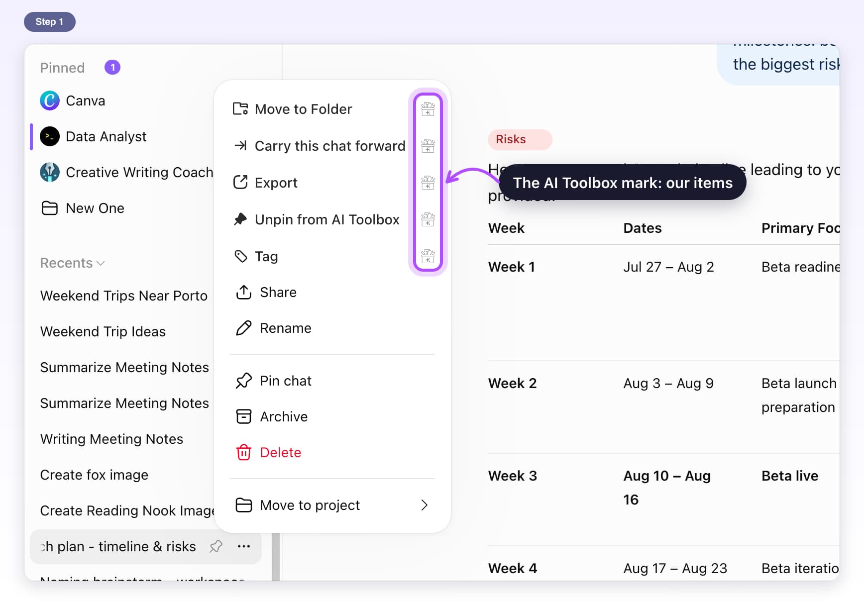 A chat's menu in the ChatGPT sidebar with the small AI Toolbox mark at the end of five items, highlighted