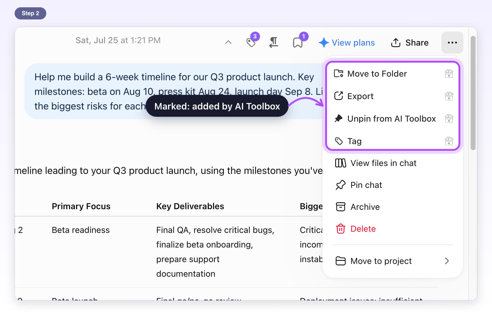 The menu at the top right of a chat with the four marked AI Toolbox items highlighted above ChatGPT's own