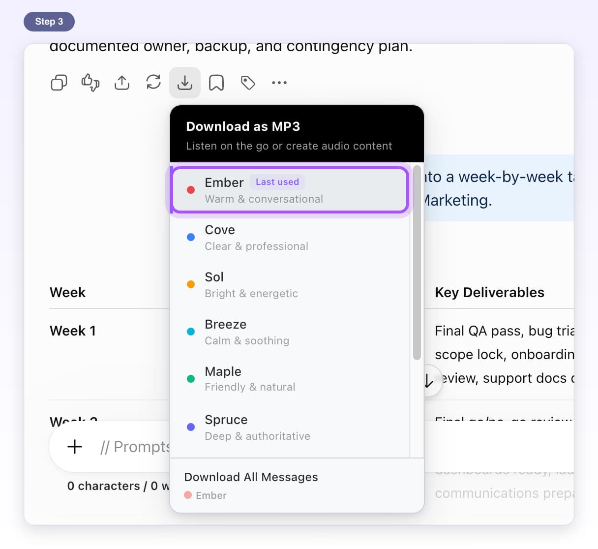 The Ember voice, Warm and conversational, highlighted at the top of the voice list