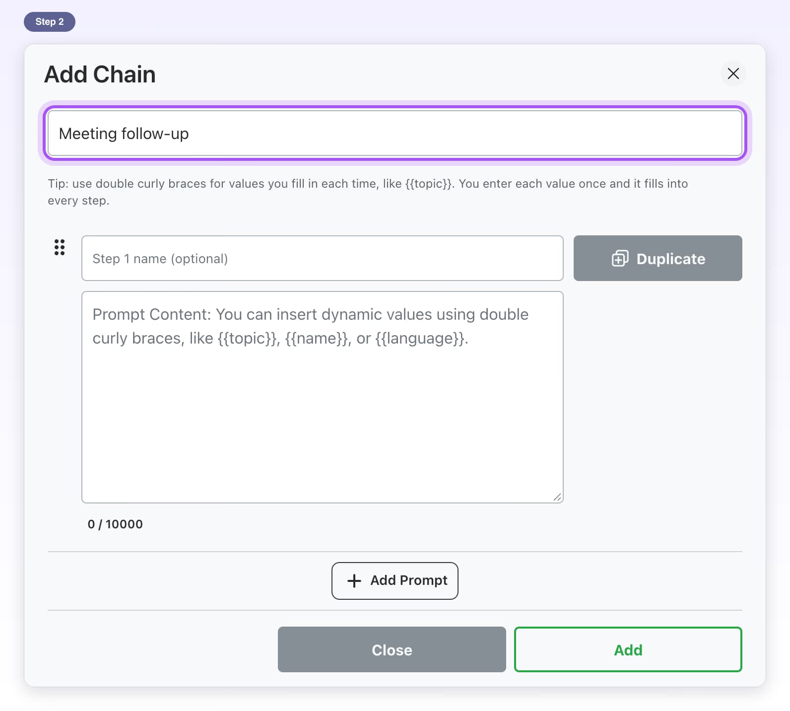 The Add Chain window with Meeting follow-up typed in the chain name box, highlighted