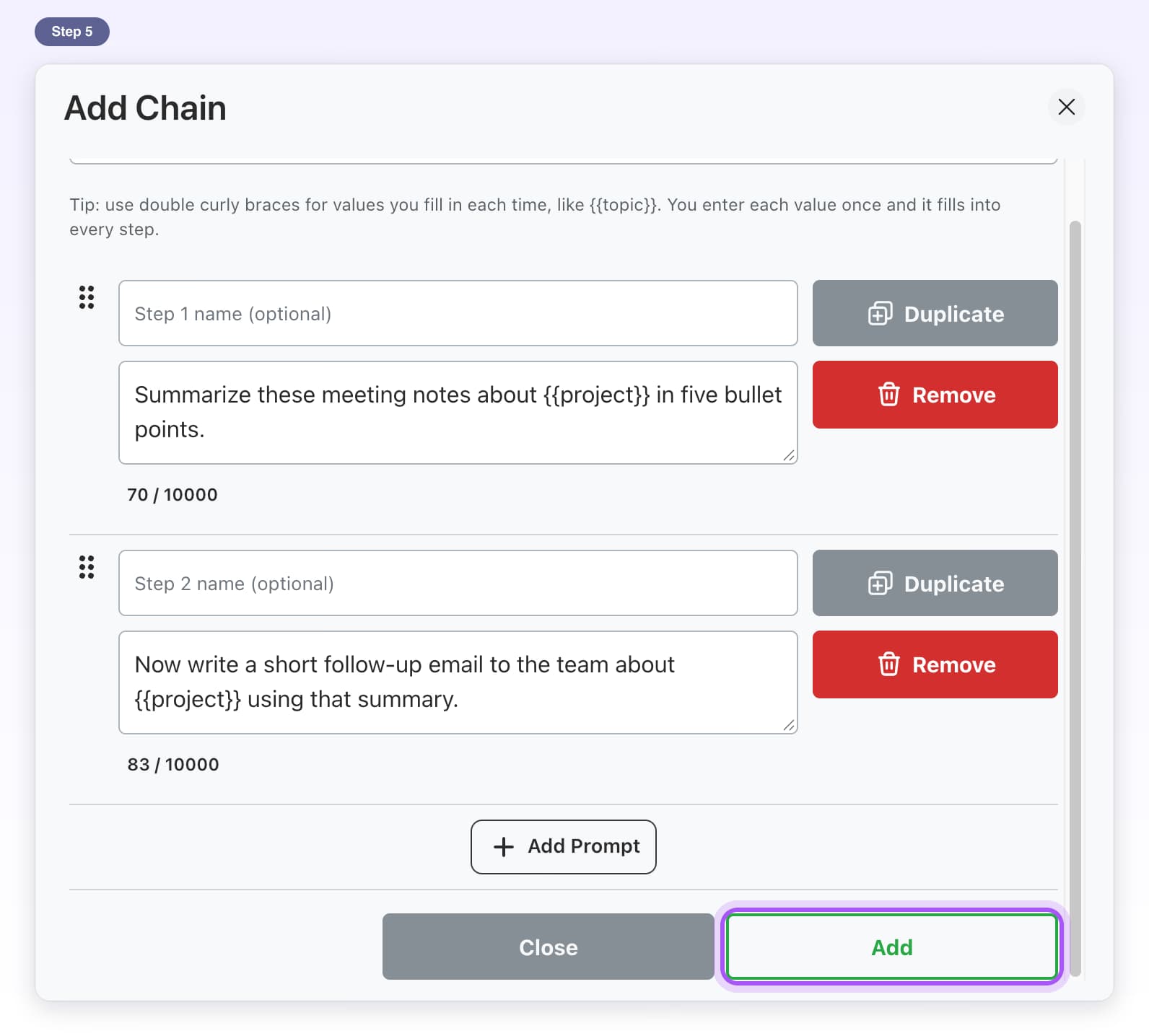 The Add button highlighted at the bottom of the Add Chain window