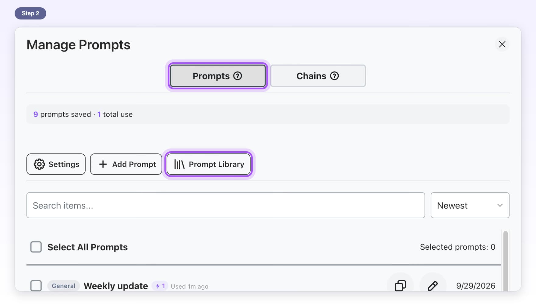 Manage Prompts with the Prompts tab picked and the Prompt Library button highlighted