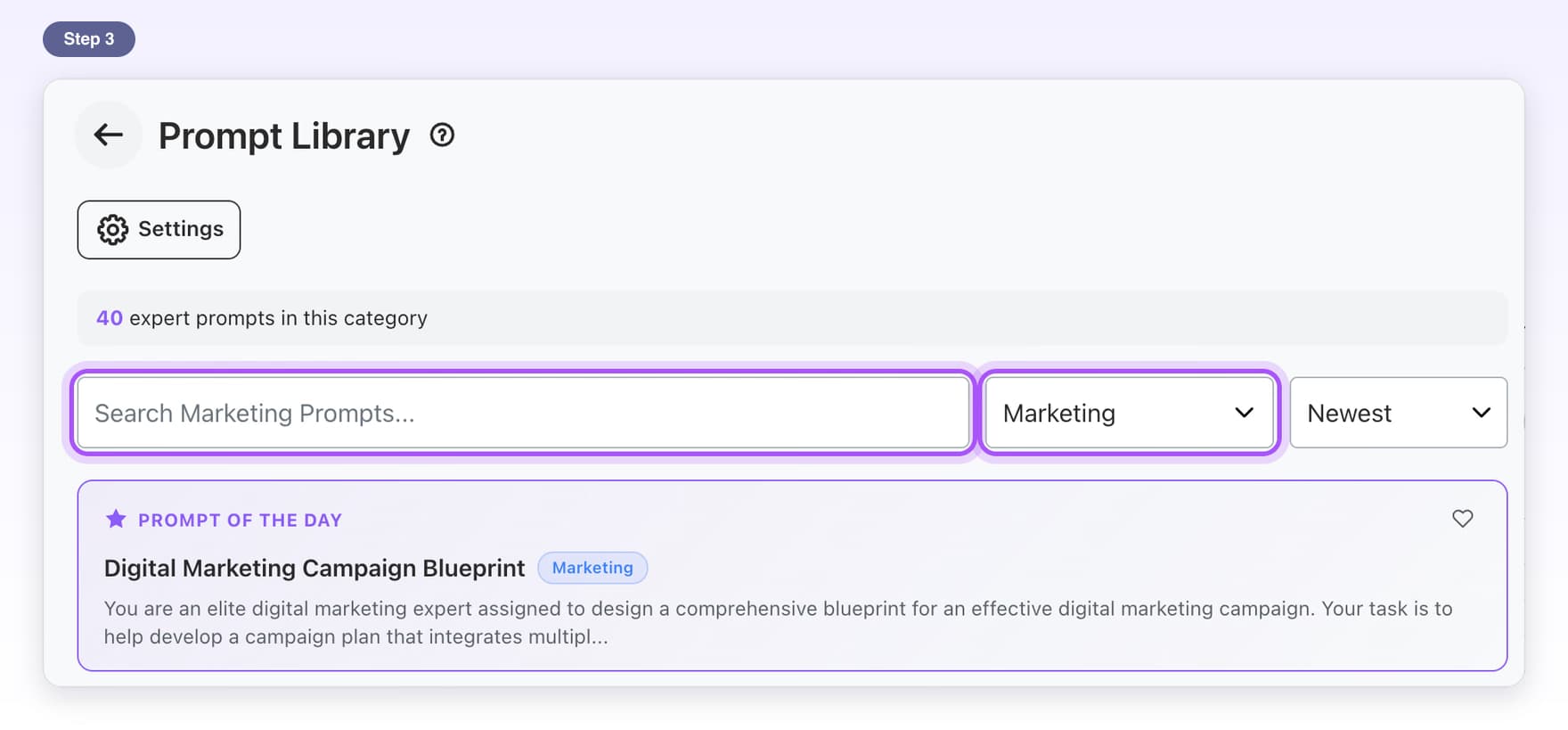 The Prompt Library with the category menu, set to Marketing, and the search box next to it highlighted