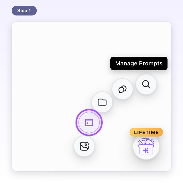 Quick buttons fanned out from the round AI Toolbox button, with Manage Prompts highlighted