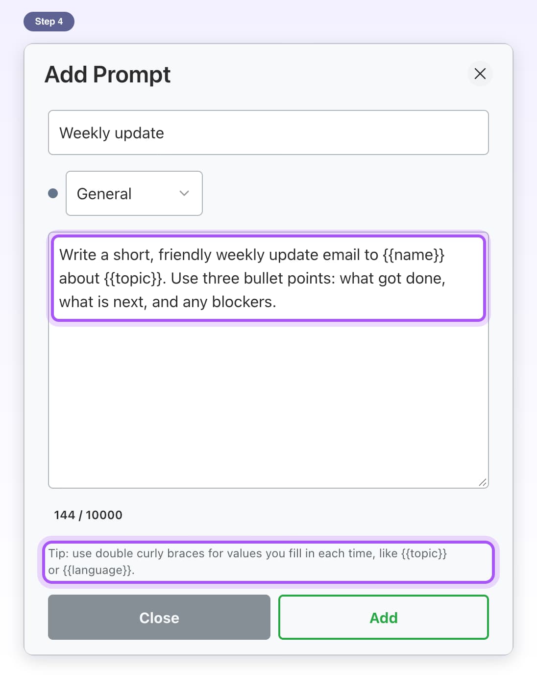 Prompt text with {{name}} and {{topic}} blanks highlighted, and the tip about double curly braces below it