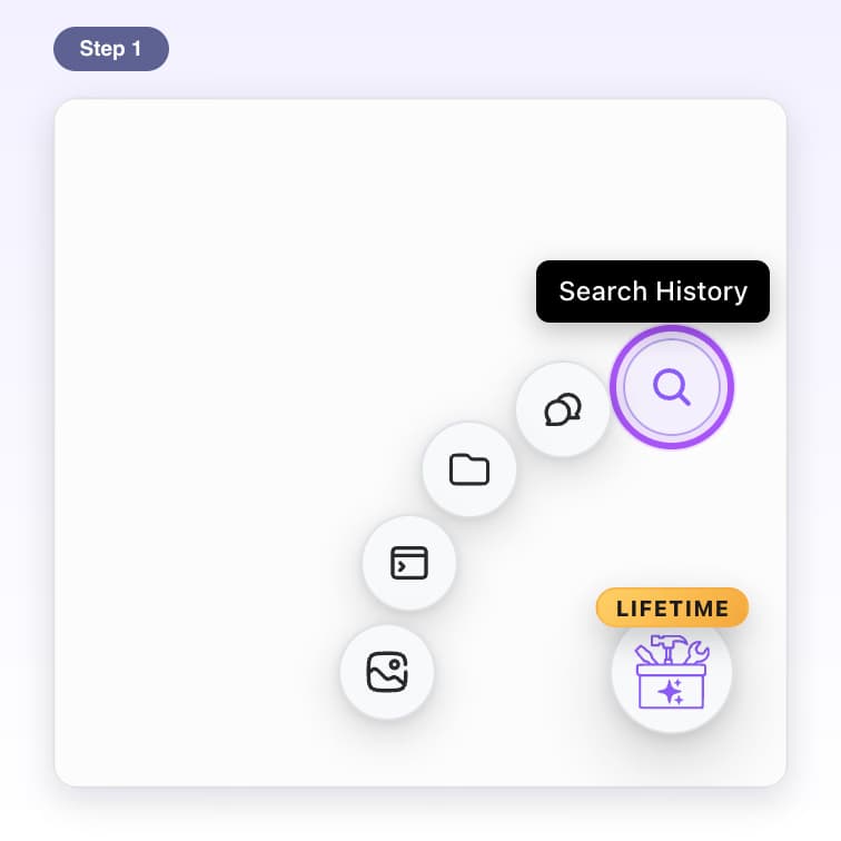 Quick buttons fanned out from the round AI Toolbox button, with Search History highlighted