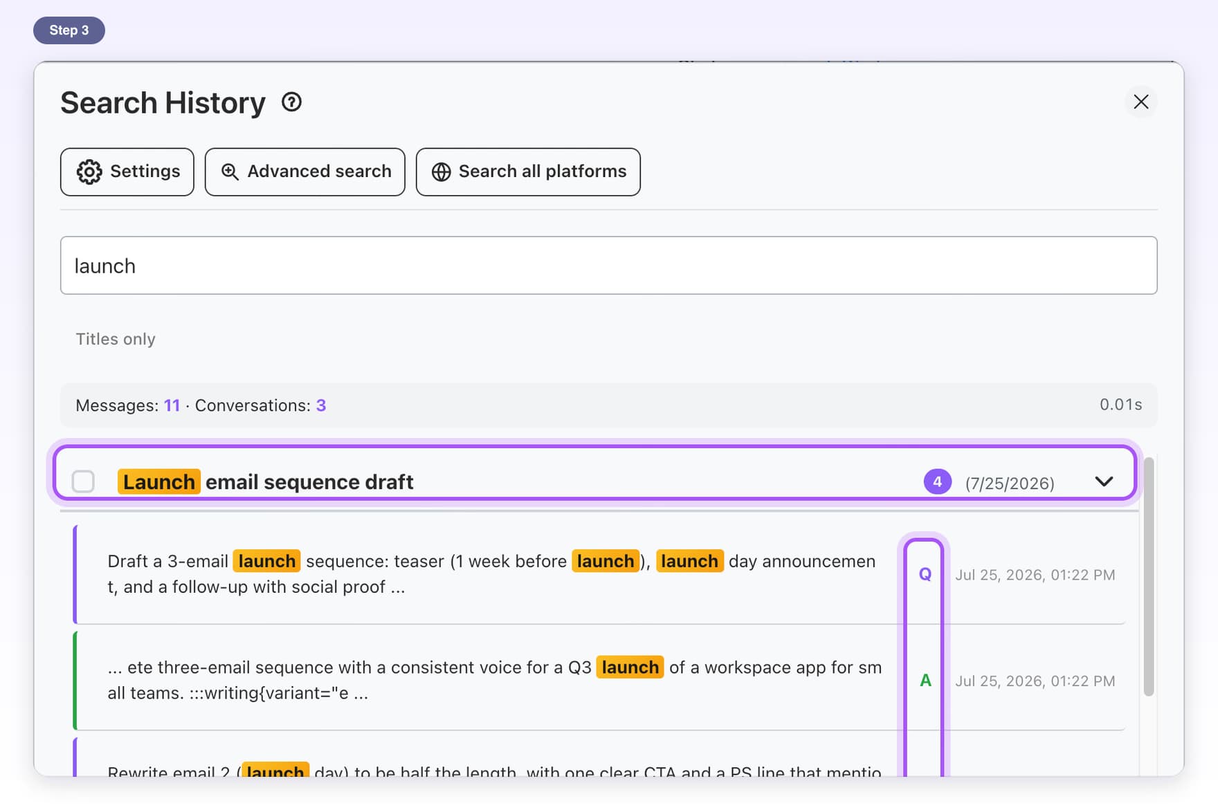 A result title with its match count and date, and the Q and A markers next to the matching messages