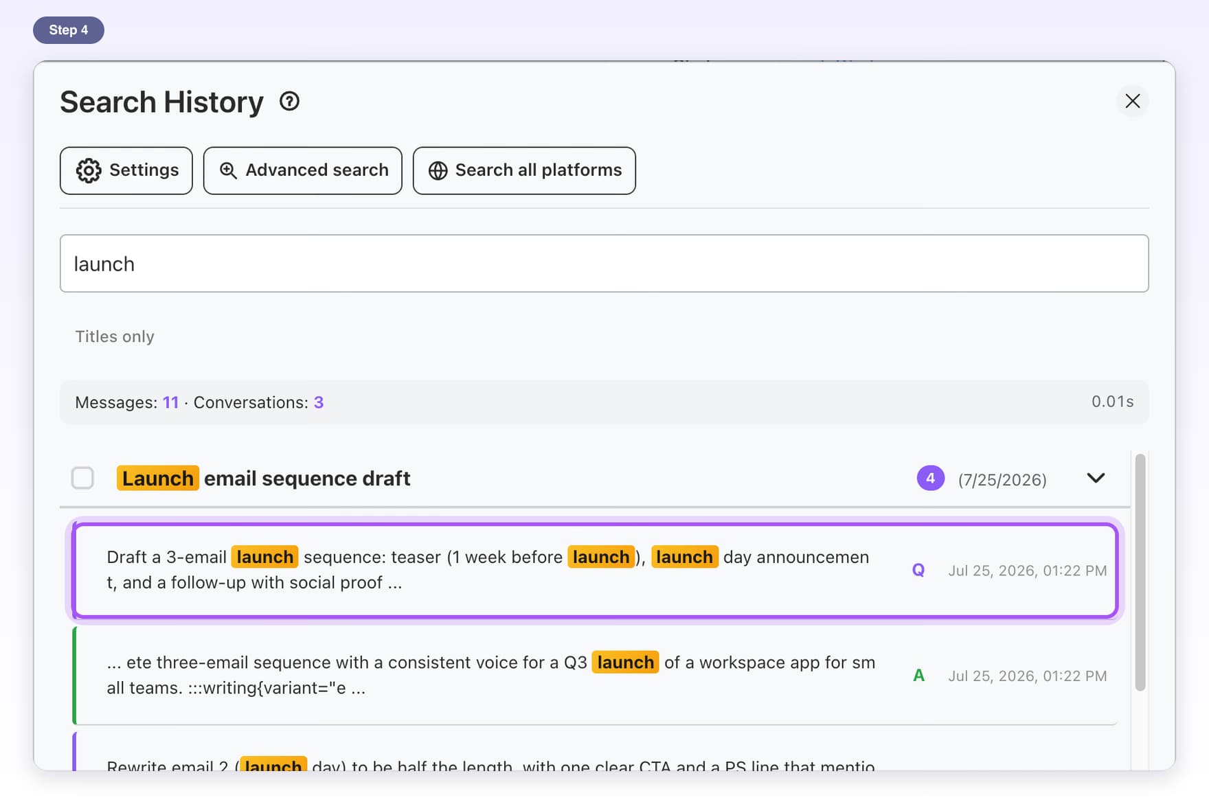 A highlighted piece of a matching message, ready to click to jump to that message