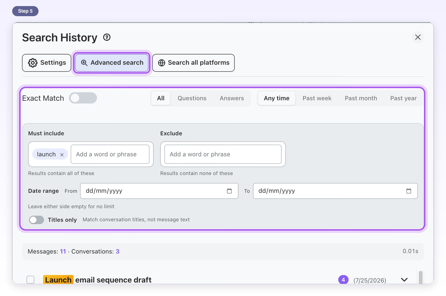 Advanced search opened, with Exact Match, Questions and Answers, time filters, Must include and Exclude