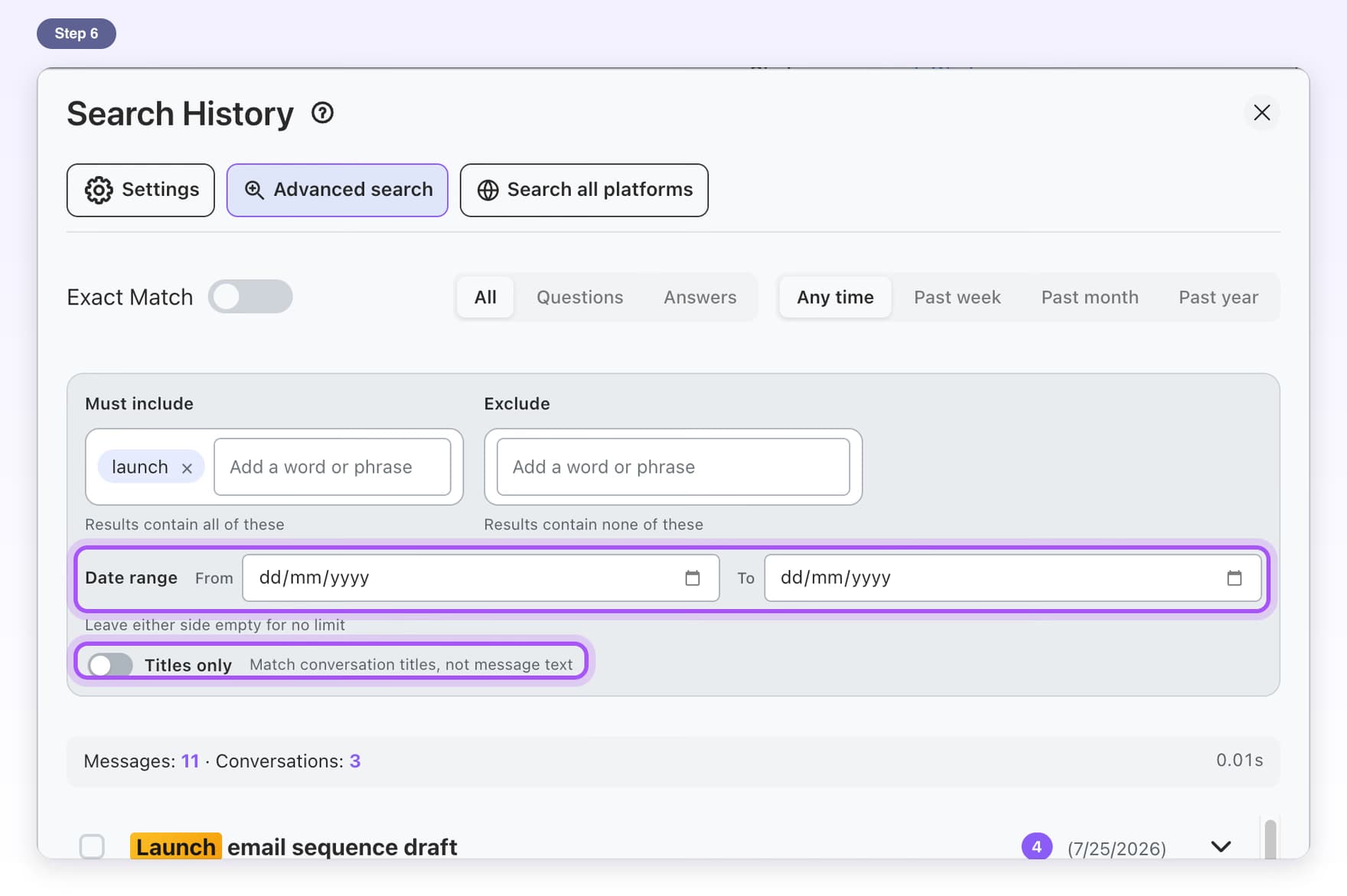 The Date range fields and the Titles only switch highlighted in Advanced search