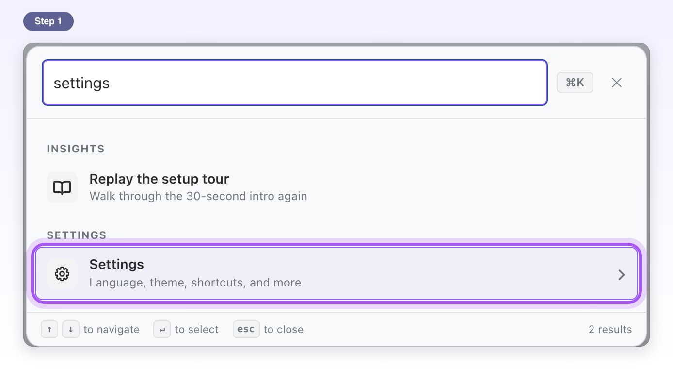 The Command Palette with settings typed and the Settings result highlighted