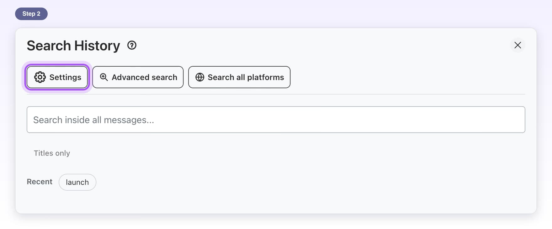 The Settings button highlighted at the top of the Search History window