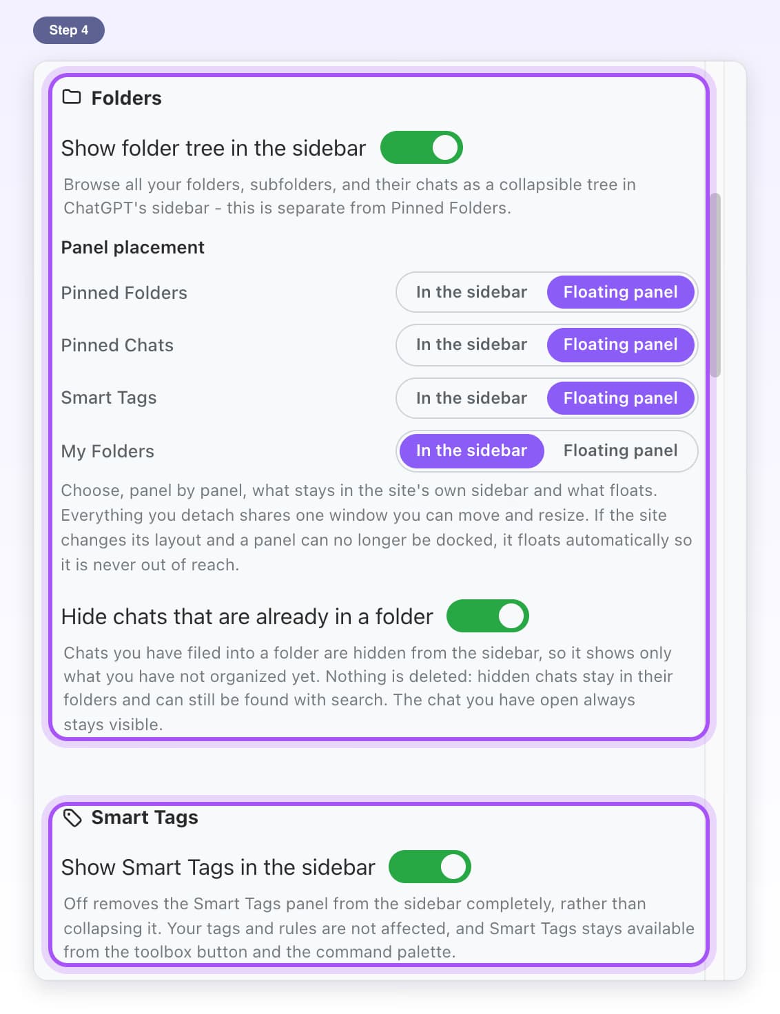 The Folders section with Panel placement and Hide chats in a folder, and the Show Smart Tags switch, highlighted