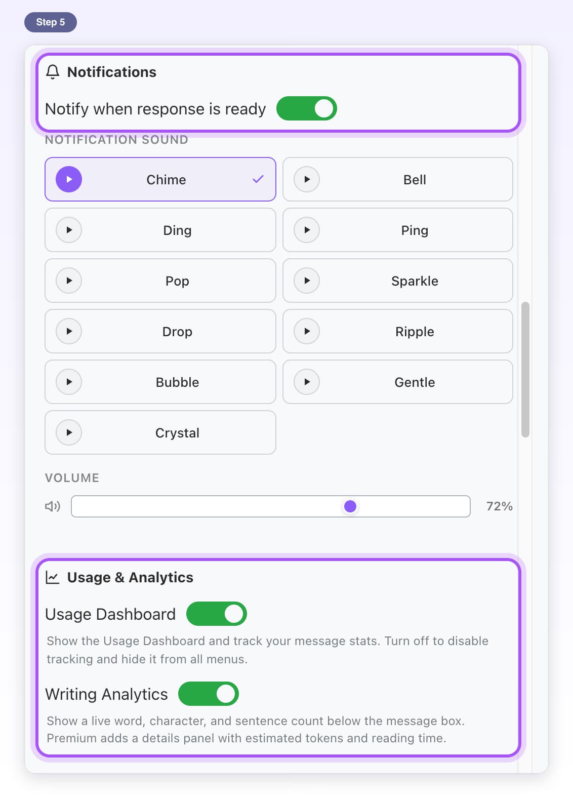 The Notifications switch and the Usage & Analytics section highlighted in Settings