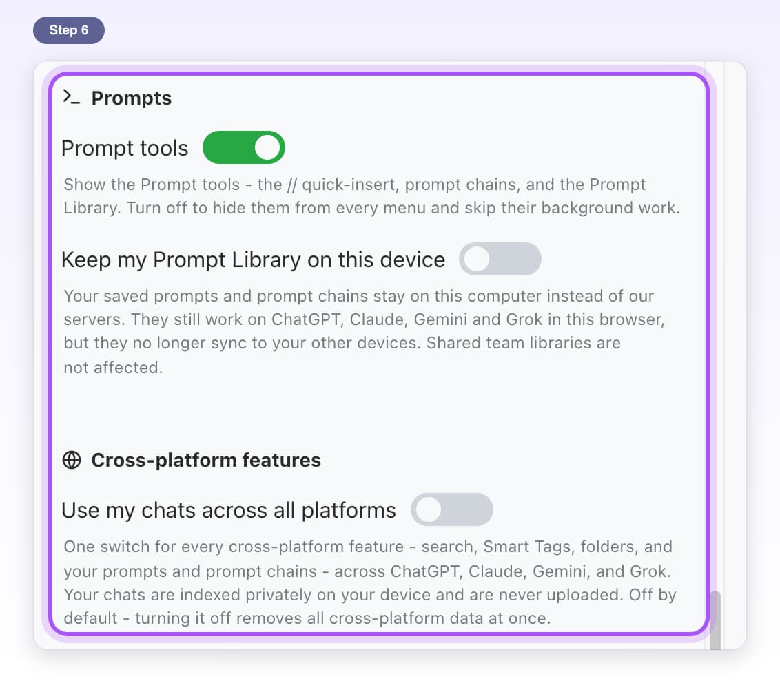 The Prompts and Cross-platform features sections highlighted in Settings