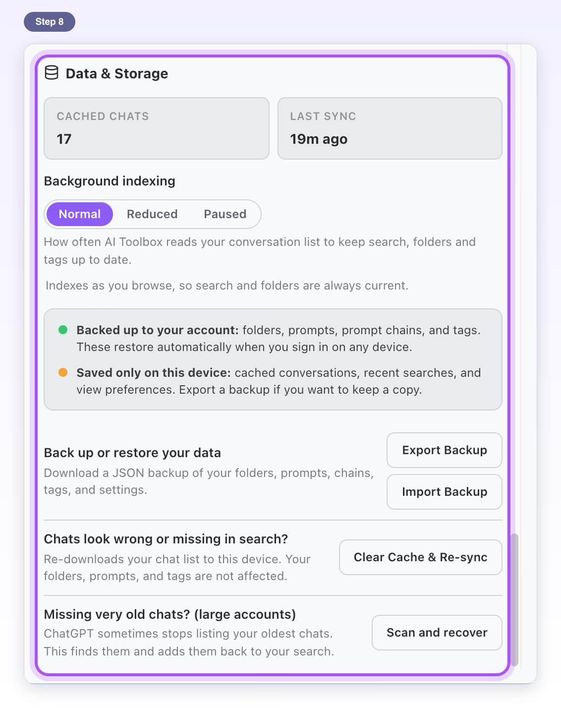 The Data & Storage section highlighted: Cached Chats, Background indexing, backup buttons and Clear Cache & Re-sync