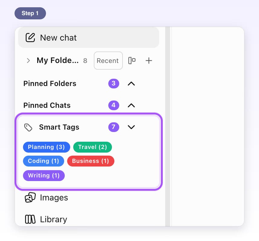 The Smart Tags panel on ChatGPT's left side, highlighted, with tags like Planning (3) and Travel (2)