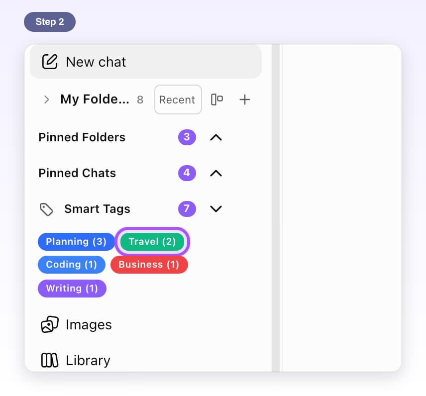 The Travel tag highlighted in the Smart Tags panel on ChatGPT's left side