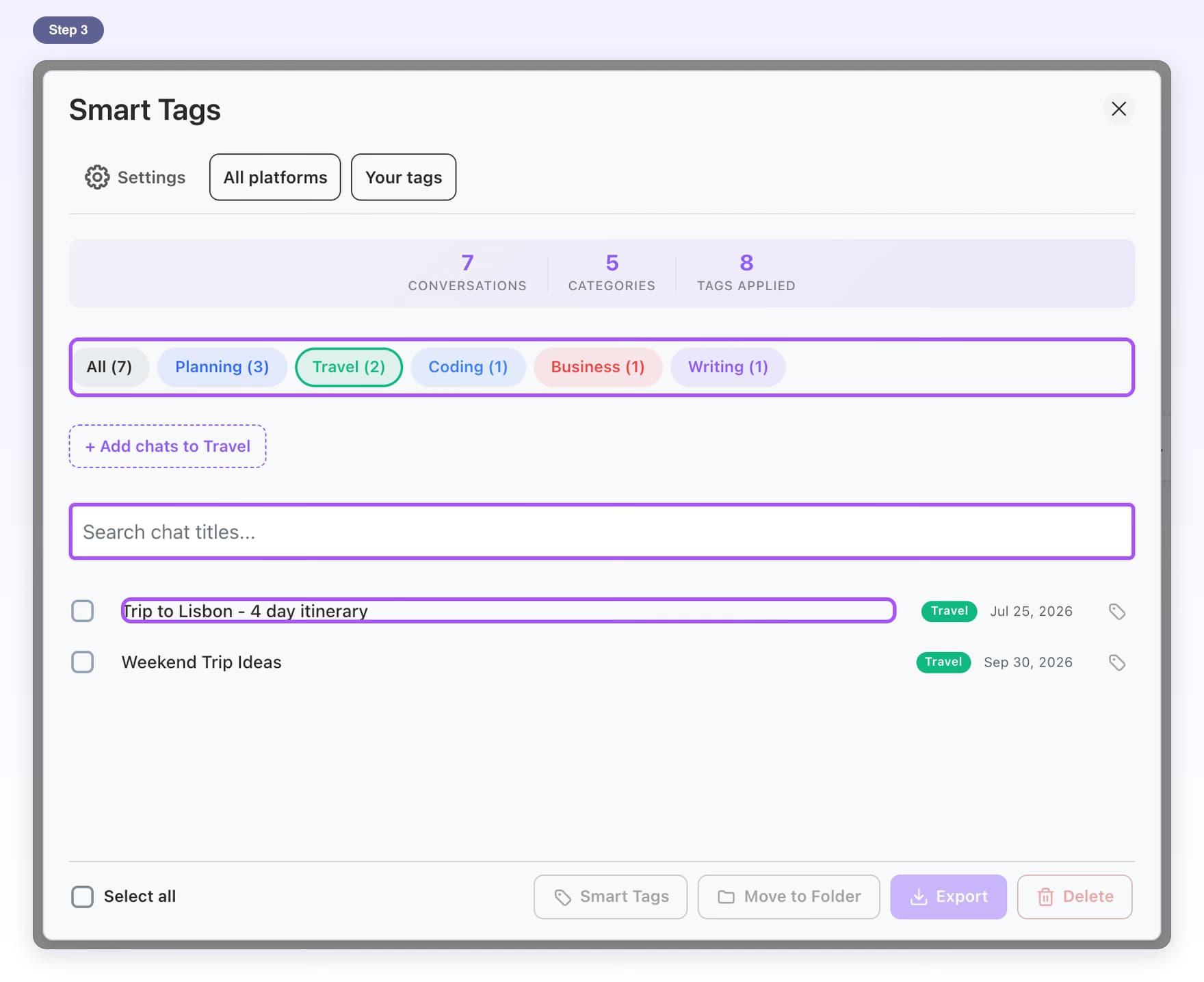The tag buttons, the Search chat titles box and a chat title highlighted in the Smart Tags window