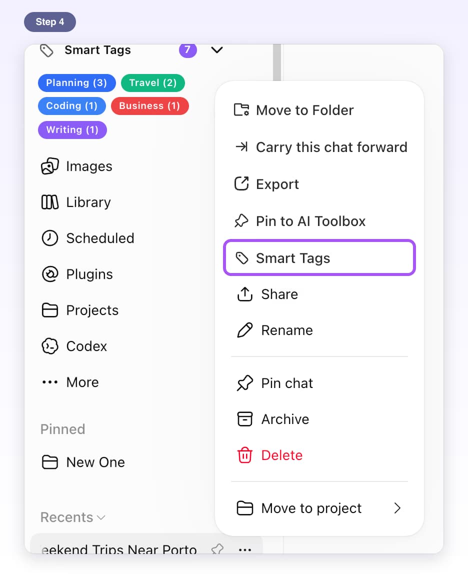 A chat's three-dot menu in ChatGPT's list with the Smart Tags item highlighted