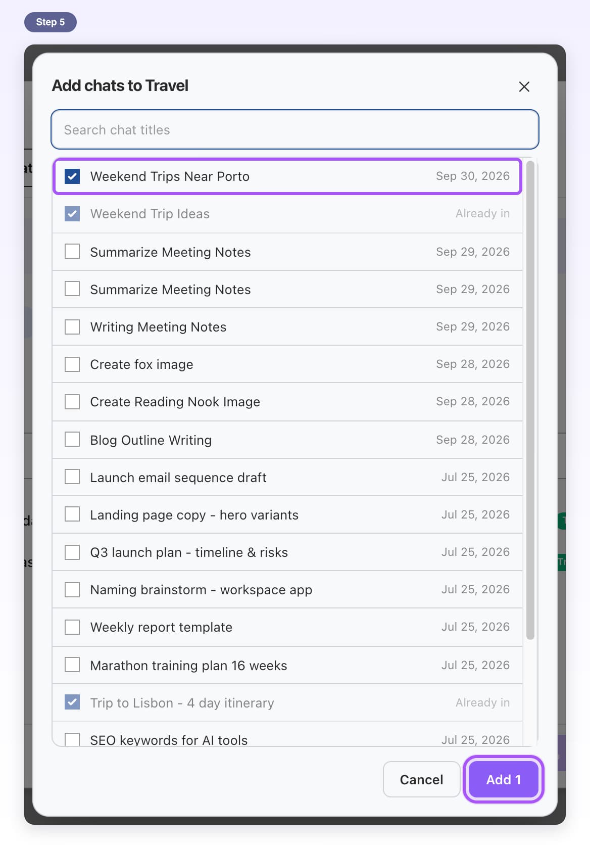 Add chats to Travel with one chat ticked, chats already in the tag greyed out, and Add 1 highlighted