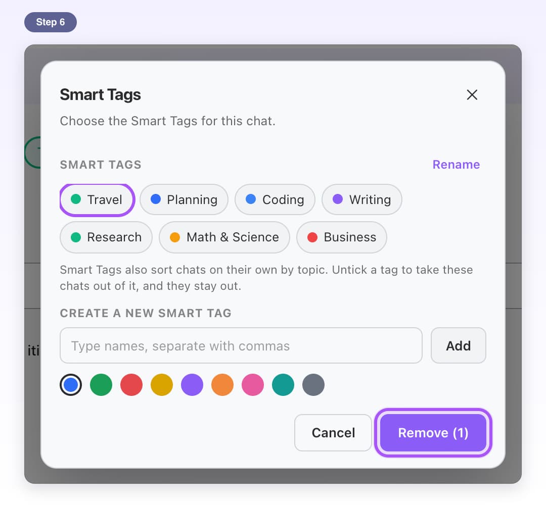 The chat's Smart Tags window with Travel unticked and the Remove (1) button highlighted