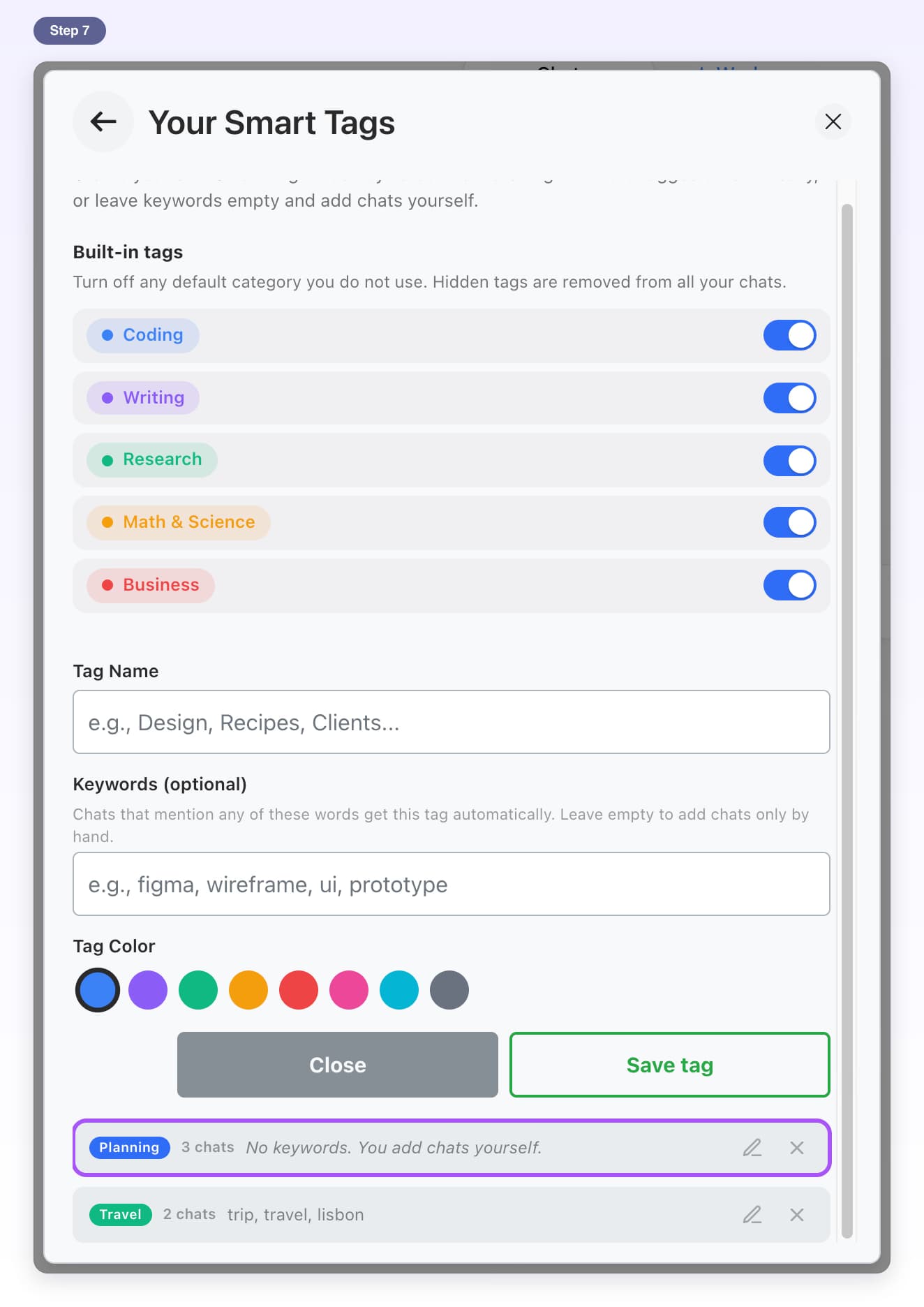 Your Smart Tags with the form for a new tag and an own tag, Planning with 3 chats, highlighted in the list