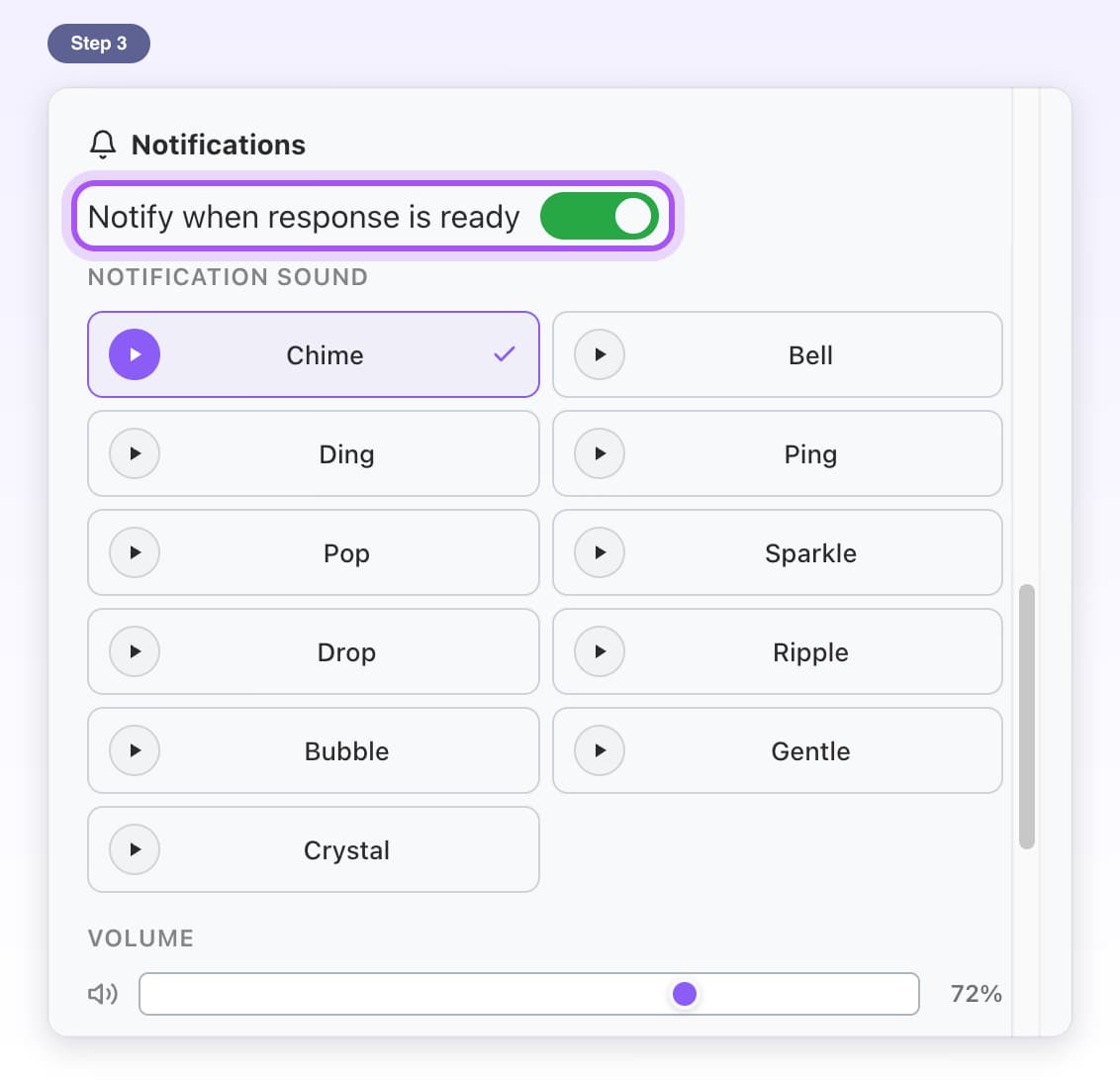 The Notify when response is ready switch highlighted, turned on