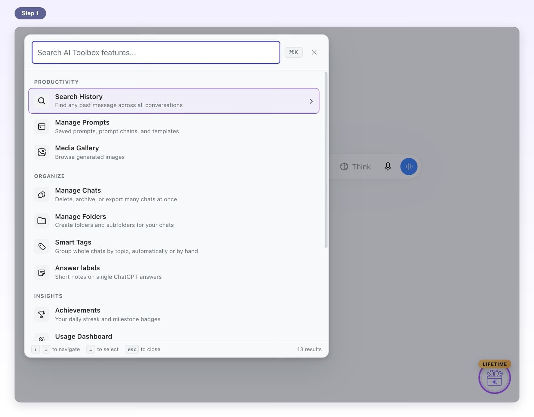 The Command Palette opened by clicking the round AI Toolbox button, which is highlighted in the bottom-right corner