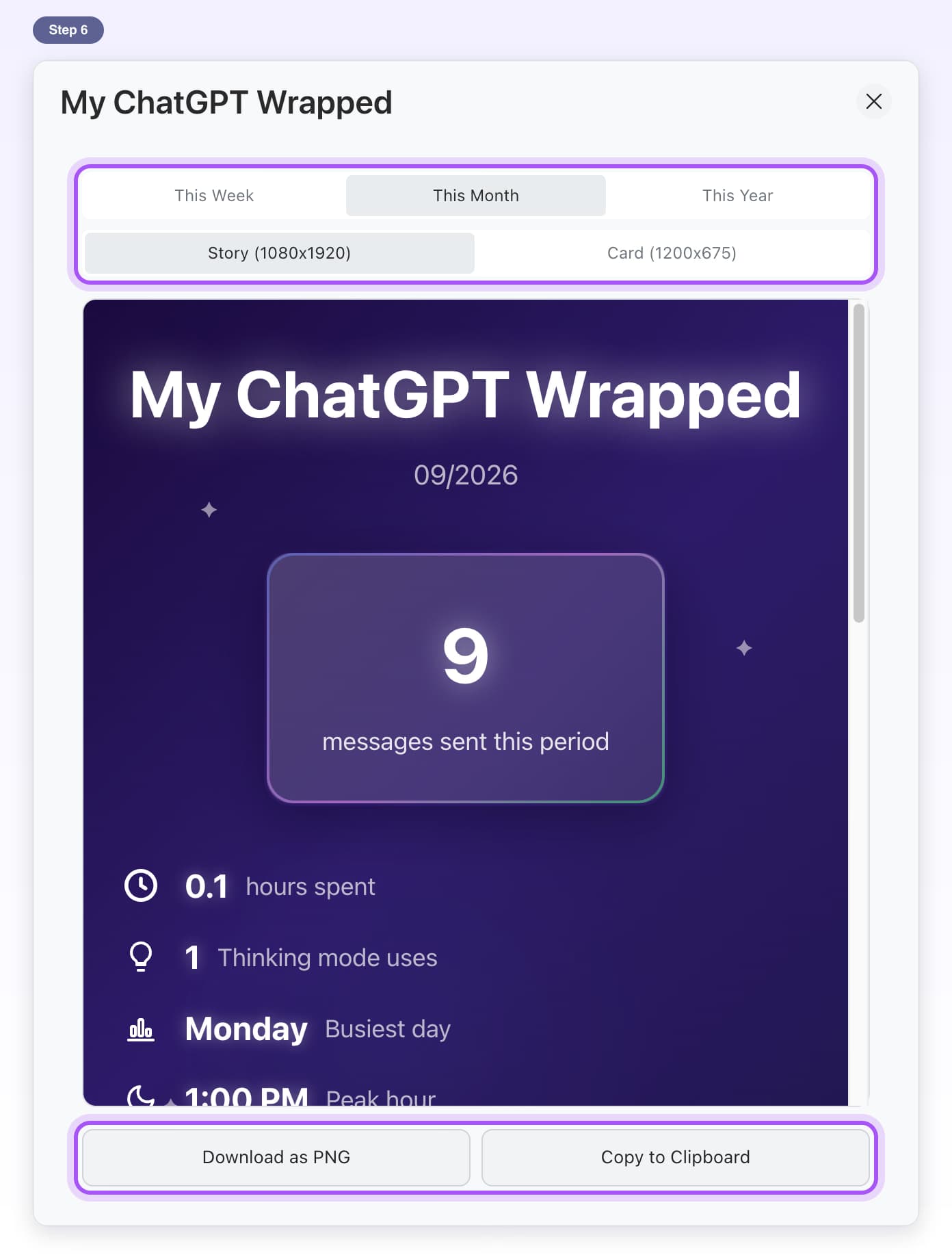 My ChatGPT Wrapped with the This Week, This Month, This Year and size choices, and Download as PNG and Copy to Clipboard